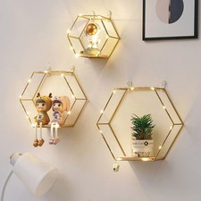 Hexagon Floating Shelves Wall Decor Gold Metal Wire And Wood Wall Mounted Storag