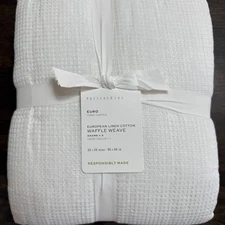 POTTERY BARN EUROPEAN FLAX LINEN WAFFLE QUILTED SHAM SET (3) EURO ~ WHITE