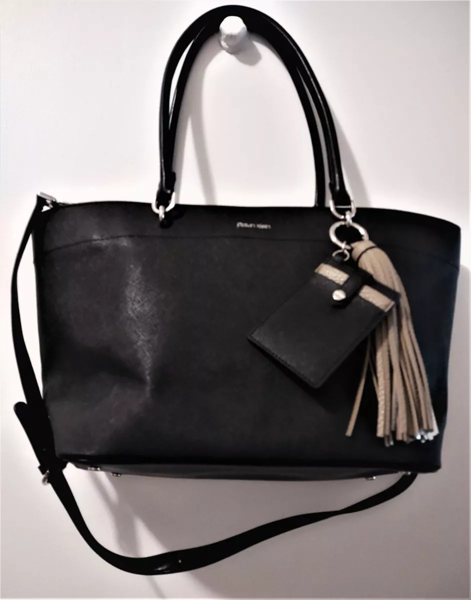 CALVIN KLEIN SUSAN SAFFIANO LEATHER TOTE SHOULDER BAG BLACK SILVER MSRP 228