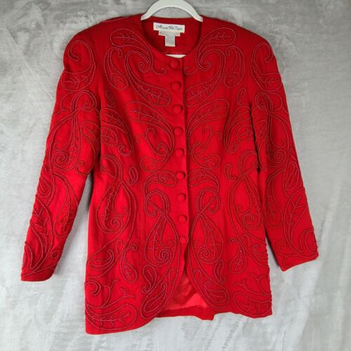 Marie St Claire Red Jacket Coat Embroidered Floral Beaded Womens Size 8 - Afbeelding 1 van 13