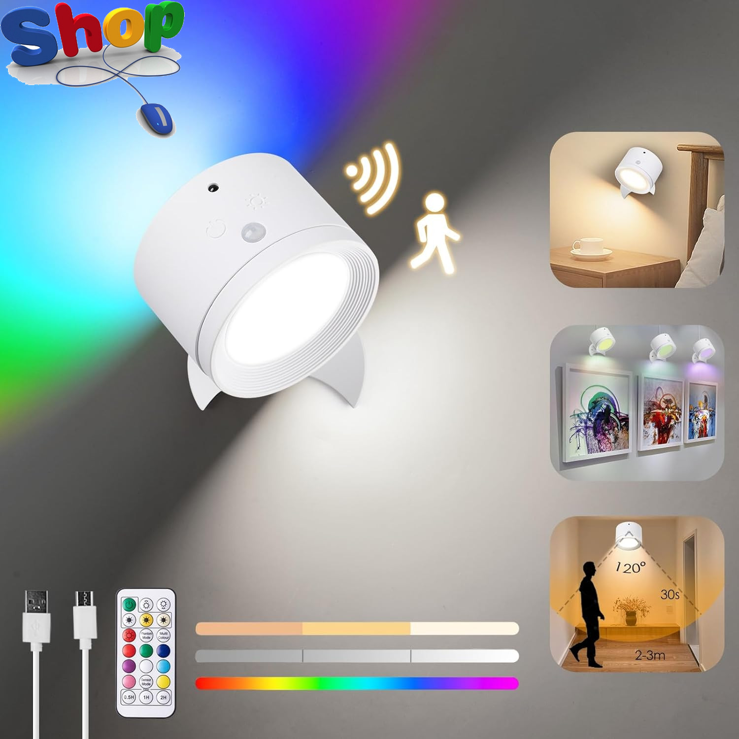 Battery Operated Rechargeable Wall Light - Indoor Motion Sensor, Remote Wireless