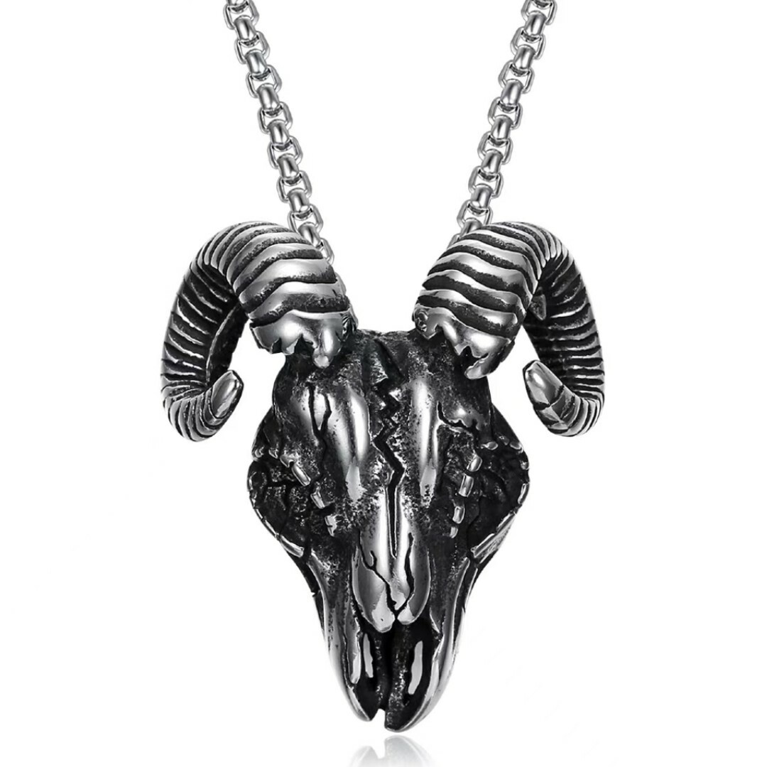 Satanic Kings Chain Men Baphomet Satanic Silver Ram Skull Pendant Gothic Punk Necklace Box ...