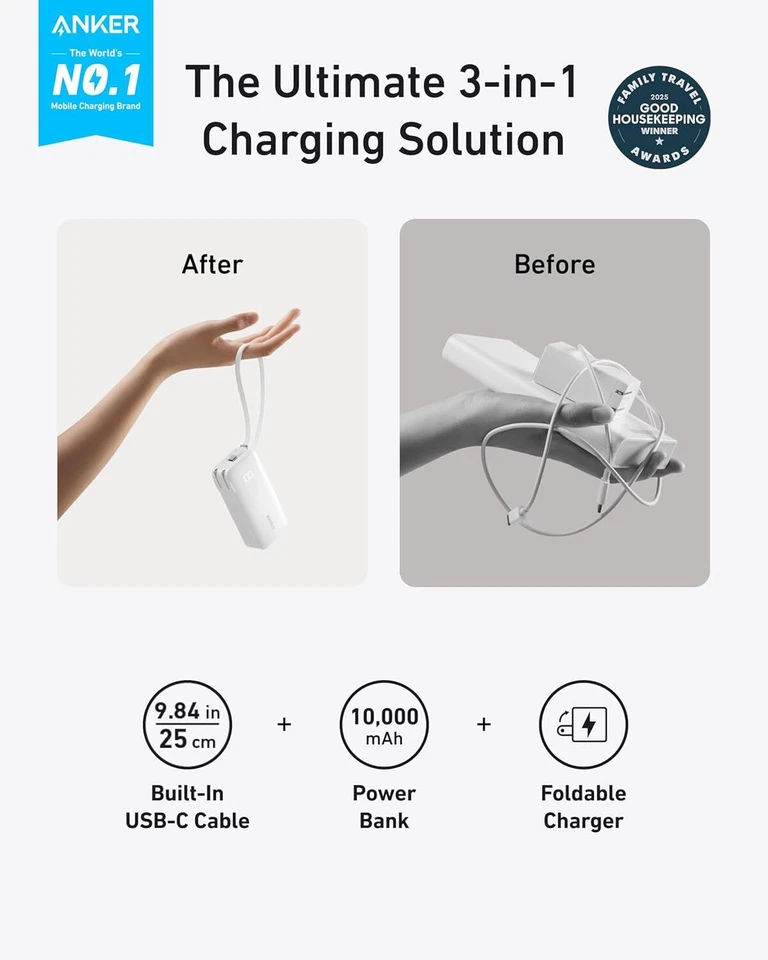 Banco de alimentación Anker Nano 3 en 1 10000 mAh cable USB-C incorporado 30 W carga de pared | Reacondicionado Foto 2 de 4