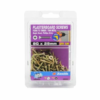 Zenith 8G x 25mm Gold Passivated Bugle Head Plasterboard Screws - 100 Pack