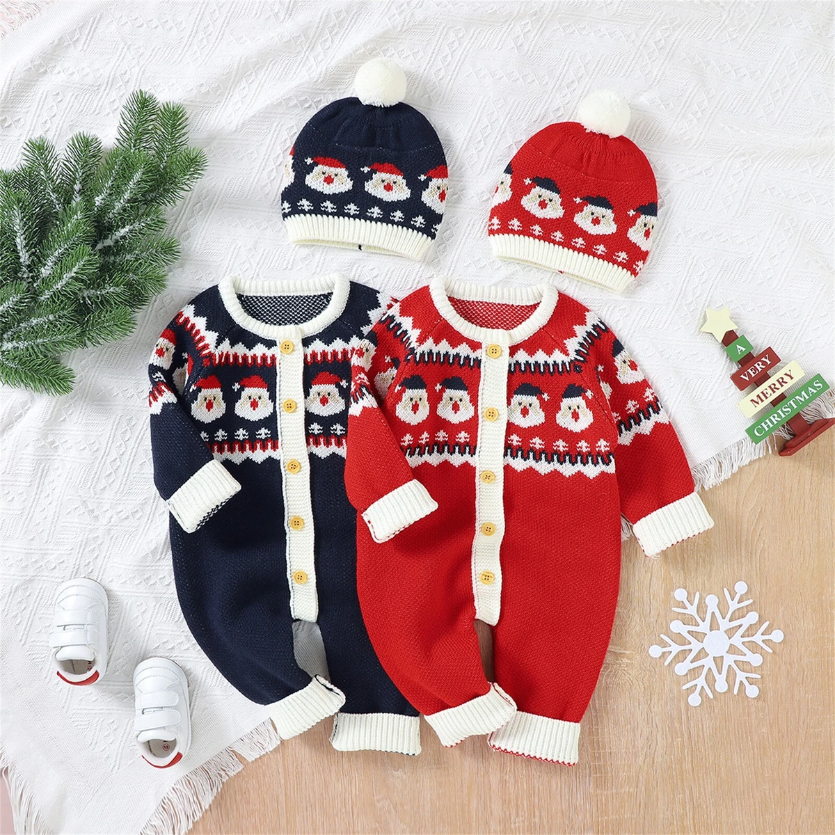 Newborn Baby Christmas Sweater Romper Santa Knitted Jumpsuit Hat