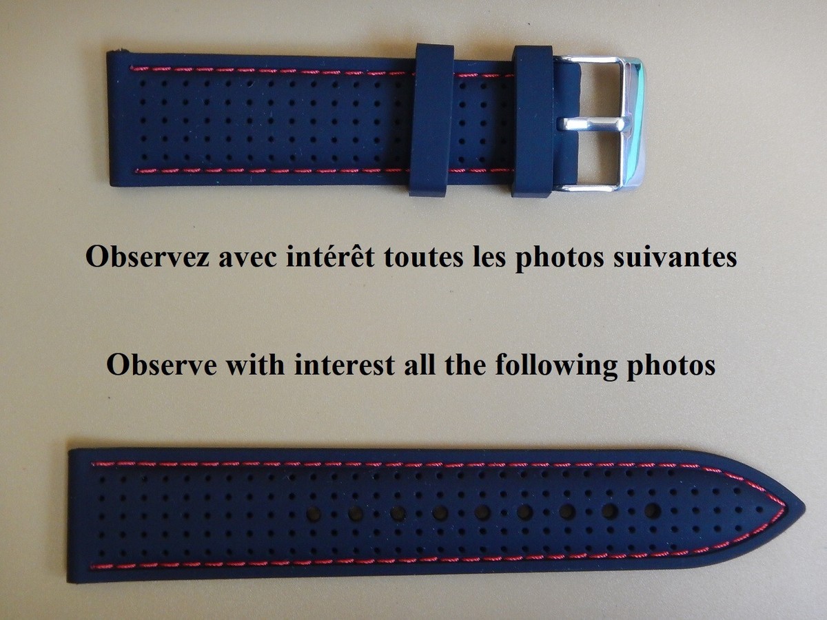 Bracelet De Montre En Gomme Silicone 22 Mm - Style Racing Nautic Rallye, Noir Couture Jaune, Neuf Fabriqué En France