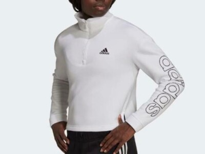 Adidas Sweater Womens White Crop Top Pullover Fleece Sweatshirt 