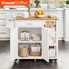 Rolling Kitchen Island Wood Dining Cart Cabinet 3-Tier Storage Shelf Spice Racks