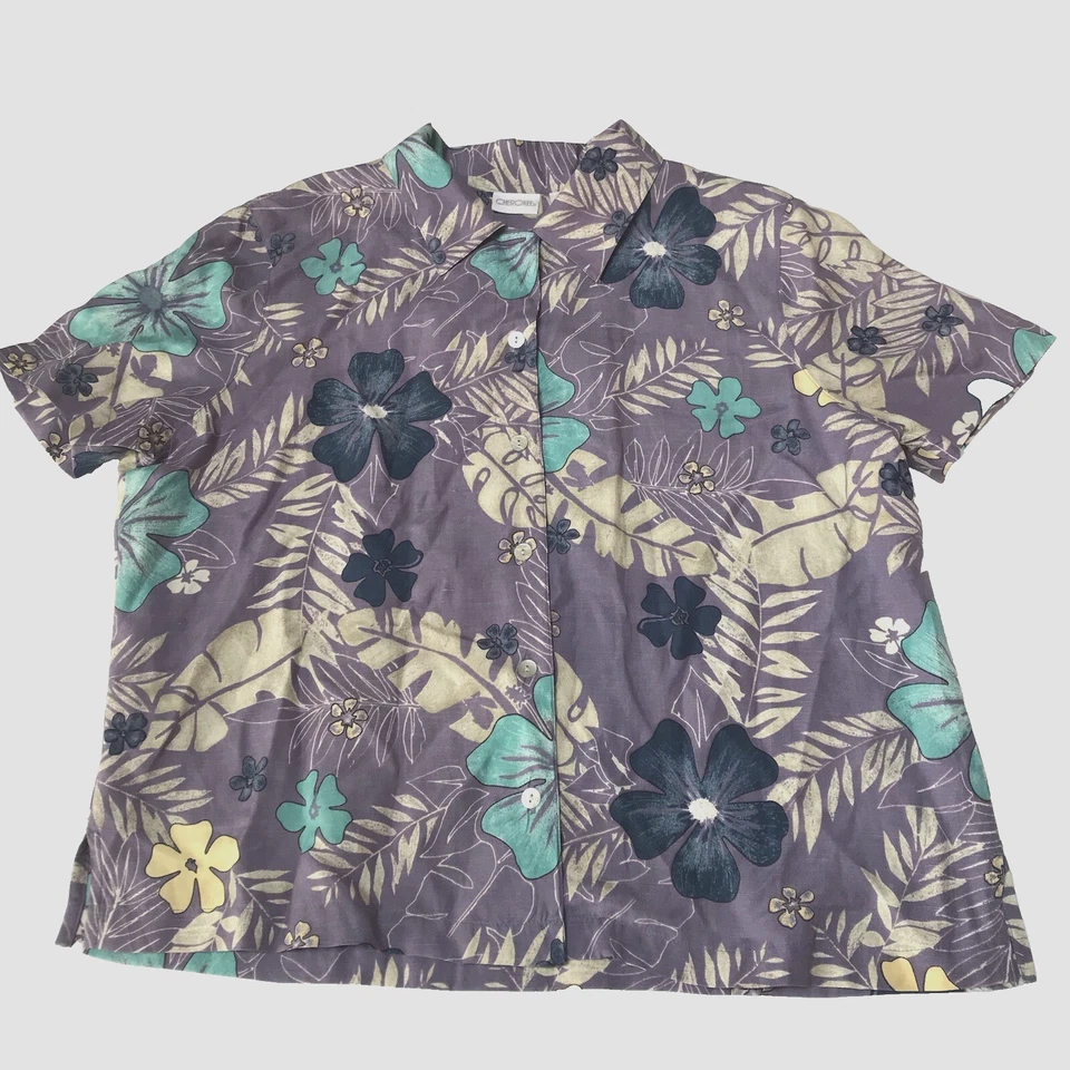 Camisa De Colección Años 90 Para Mujer Grande Tropical Hawaiana Seda Lino Resort Cuello Lazo Foto 2 de 4
