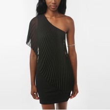 UO Staring at Stars One Shoulder Black Dress Knife Pleat Capelet Yoke Medium