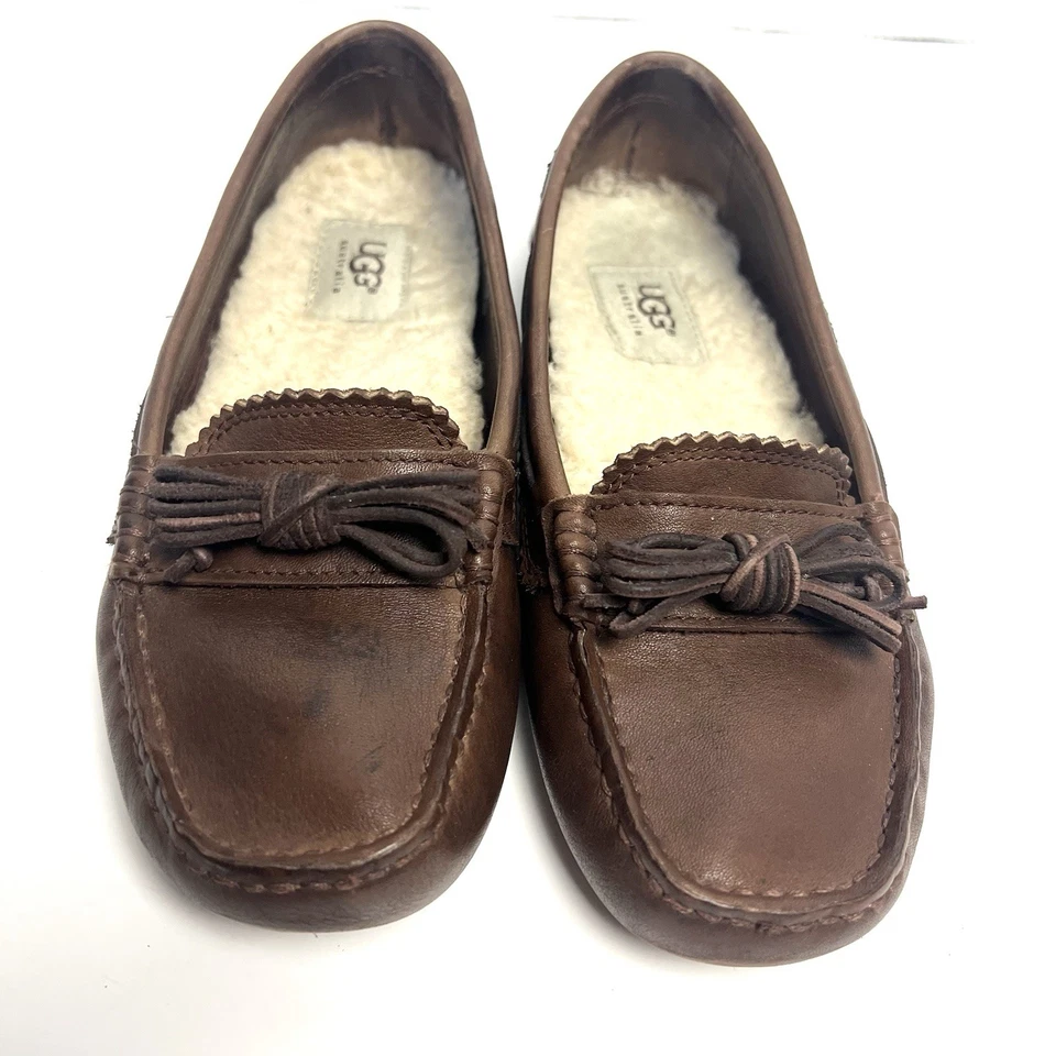 UGG Meena Moccasin Sherpa Lined Driving Shoes Slippers Women Sz 6 Brown Leather - Image 3 of 4