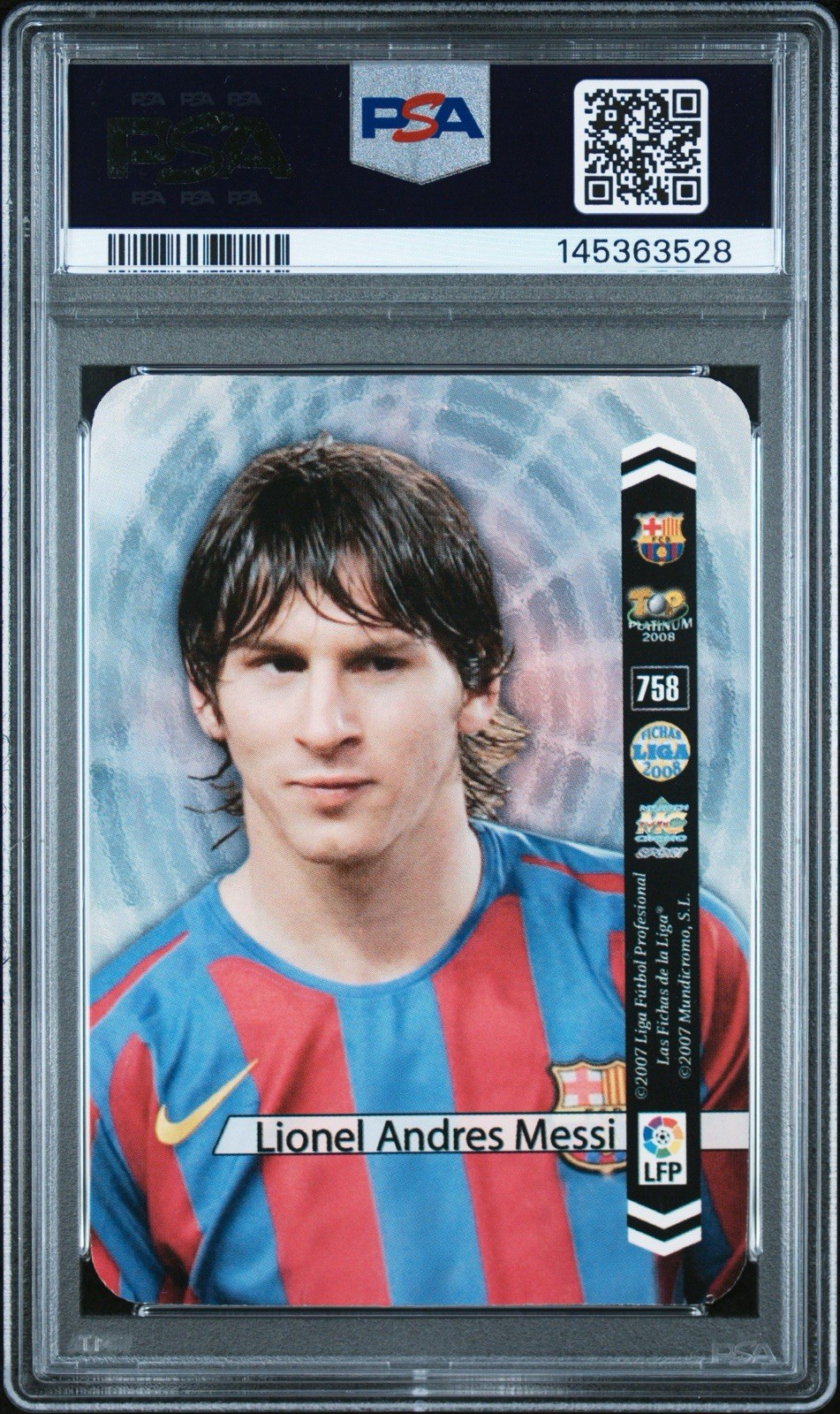 2007 Mundicromo Las Fichas de la Liga 2008 Top Platinum Lionel Messi #758 PSA 7 view 2