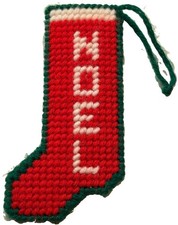 Vintage Handmade needlepoint Christmas stocking Ornament NOEL