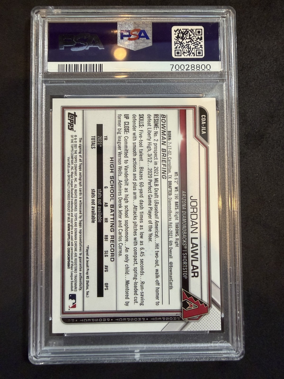 2021 Bowman Draft #CDAJLA Jordan Lawlar Chrome Pick Auto 1st Prospect PSA 10 view 2