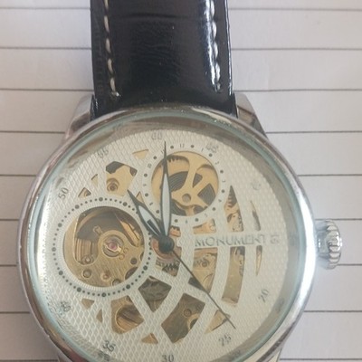 Monument Automatic Skeleton Watch Black Leather Strap
