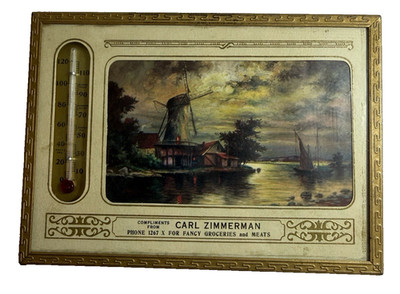 Vintage 1940s Advertising Thermometer - Carl Zimmerman Fancy Groceries and Meats