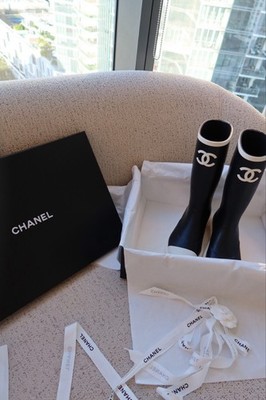 CHANEL Knee High Rain Boots Black White Logo Rubber Pull On