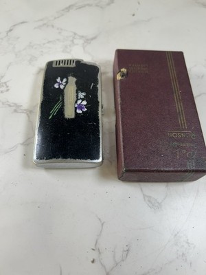 Vintage Ronson Pal Cigarette Case Lighter Black Floral Design Original Box  READ
