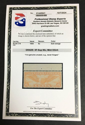 MUJERES: SELLOS DE ESTADOS UNIDOS #C19 COMO NUEVOS OG NH PSE CERTIFICADO GRADUADO XF-SUP 95J LOTE #92522 - Imagen 2 de 3