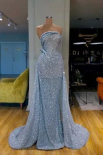 Sexy Sparkly Mermaid Sequins Evening Prom Gown Party Dress with Detachable Train