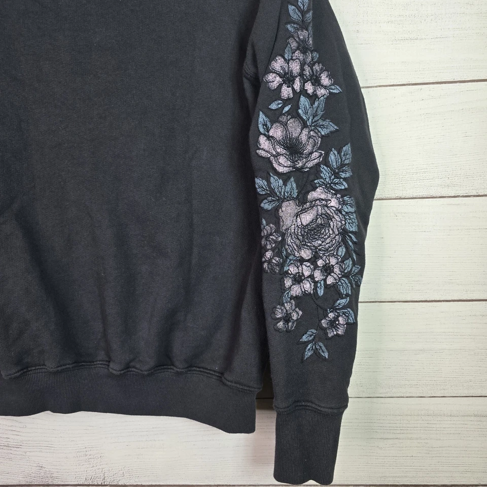 Spiritual Gangster Give Love Black Embroidered Floral Sleeves Crewneck Sweater  - Image 2 of 4