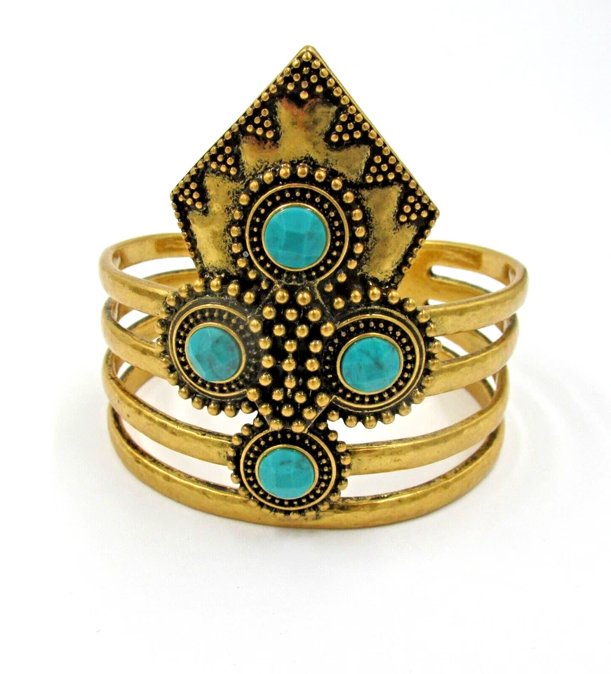 Brazalete Martillado Tono Dorado Cuentas Turquesa Simulada Suroeste Boho Foto 3 de 4