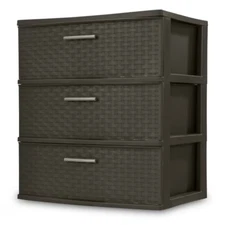 Sterilite Storage Drawer, 3 Drawer Plastic Weave Wide Tower with Pull Handles, B