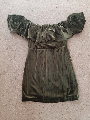 Ladies Nasty Gal Petite Velvet Olive Green Frill Bardot Mini Dress Frill  10-12 | eBay UK