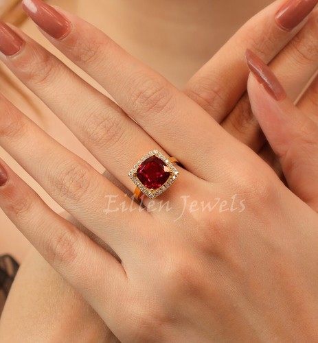 3.5 Ct Cushion Cut Ruby Ring, Ruby Engagement Ring, Gold Plated Wedding Ring - Picture 5 of 5