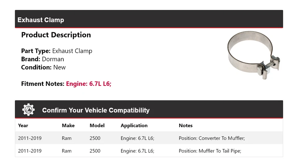 适用于 2011 - 2019 年 Ram 2500 6.7 升 L6 Dorman 排气夹 2012 2013 2014 2015 2016 — 第 2/4 张图片