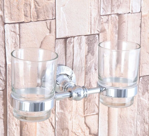 Toothbrush Holder Double Wall Mount Glass Cup Bathroom Accessory Chrome Finish - Picture 2 of 6