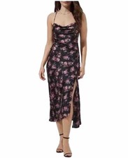 ASTR the Label Women’s XS Gaia Navy Floral Midi Satin Slip Dress Cowl Neck NWT