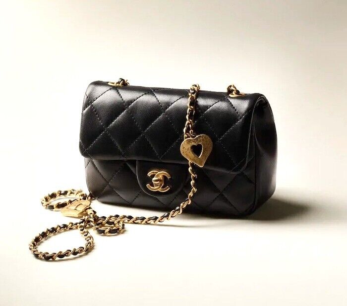 Chanel Black Lambskin Quilted Valentine Charms Mini Rectangular Flap Bag
