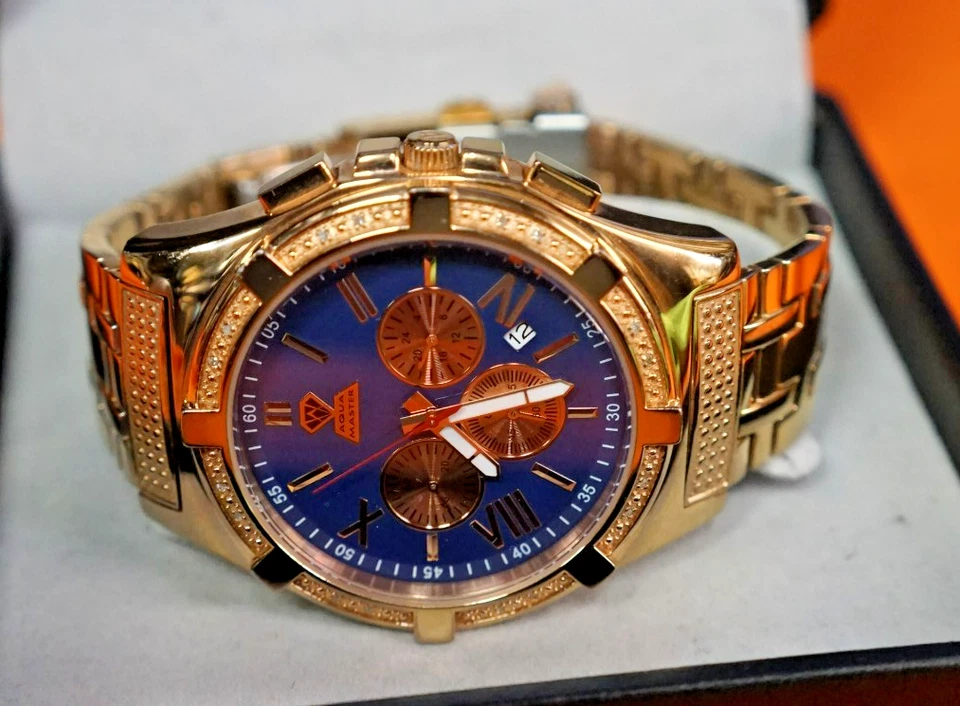 Aqua Master W#348 Chrono Blue Dial Rose Gold Tone Stainless Steel Watch W/Box - Image 3 of 4