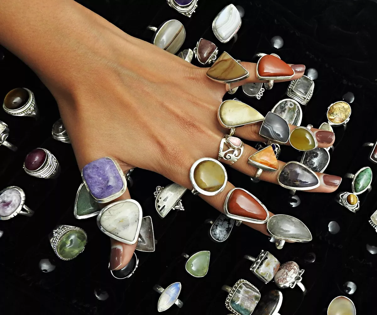 Mix Assorted Chunky Rings Lot Natural Gemstones 925 Sterling Silver Jewelry