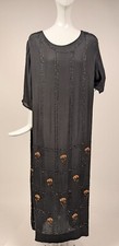 FLAPPER 1920  S FLORAL GLASS BEADED LONG SILK CREPE DRESS
