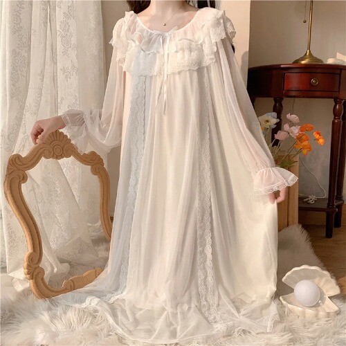 Abito donna Lolita principessa pigiama bianco pizzo rete fata camicia da notte vittoriana - Foto 11 di 19