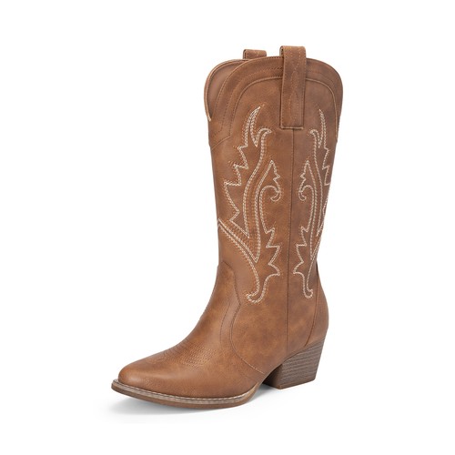 Women Western Mid Calf Boots Pointed Toe Low Heel Cowboy Cowgirls Boots - Picture 17 of 58