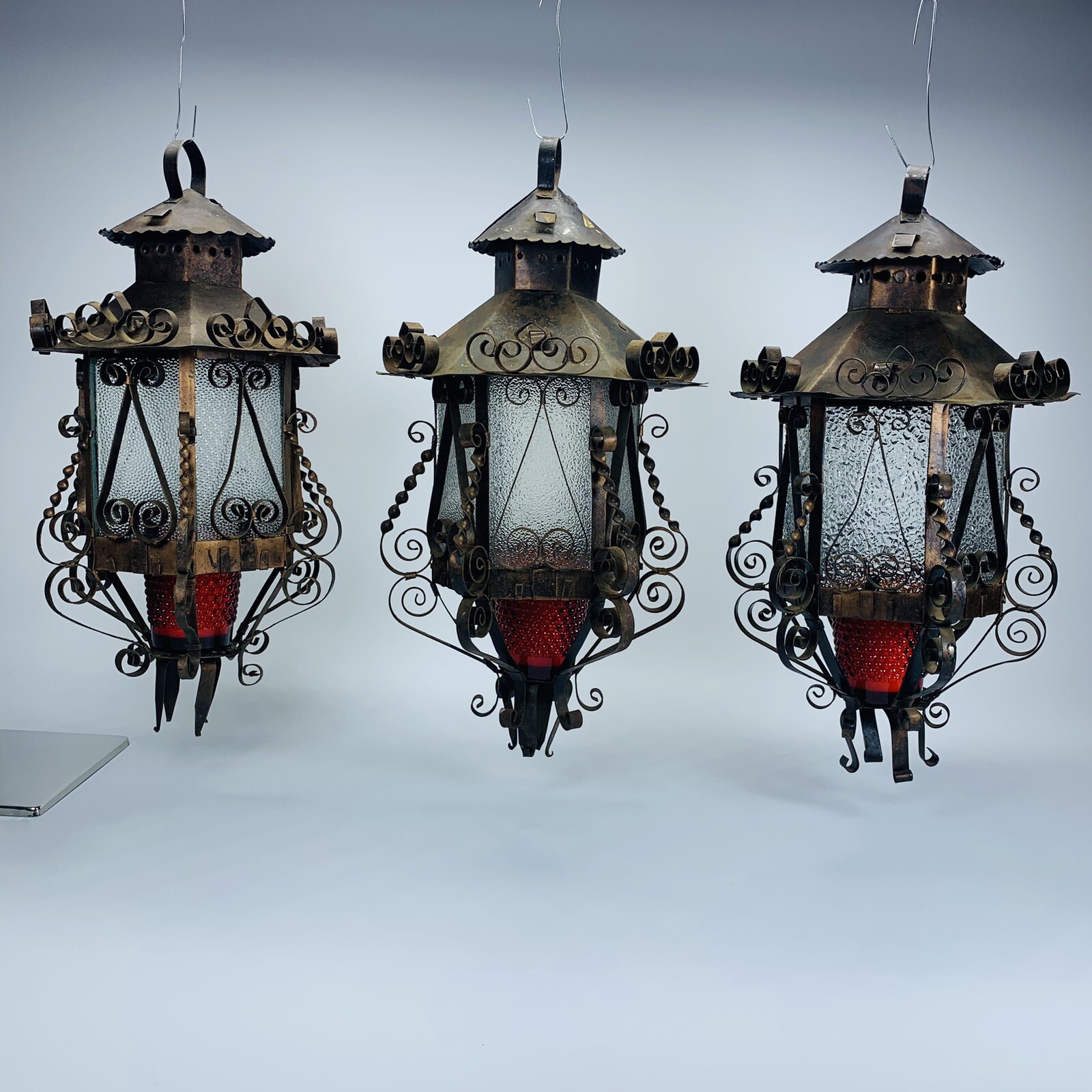 Vintage 3 Gothic Spanish Revival  Hanging Light Fixtures Lanterns.