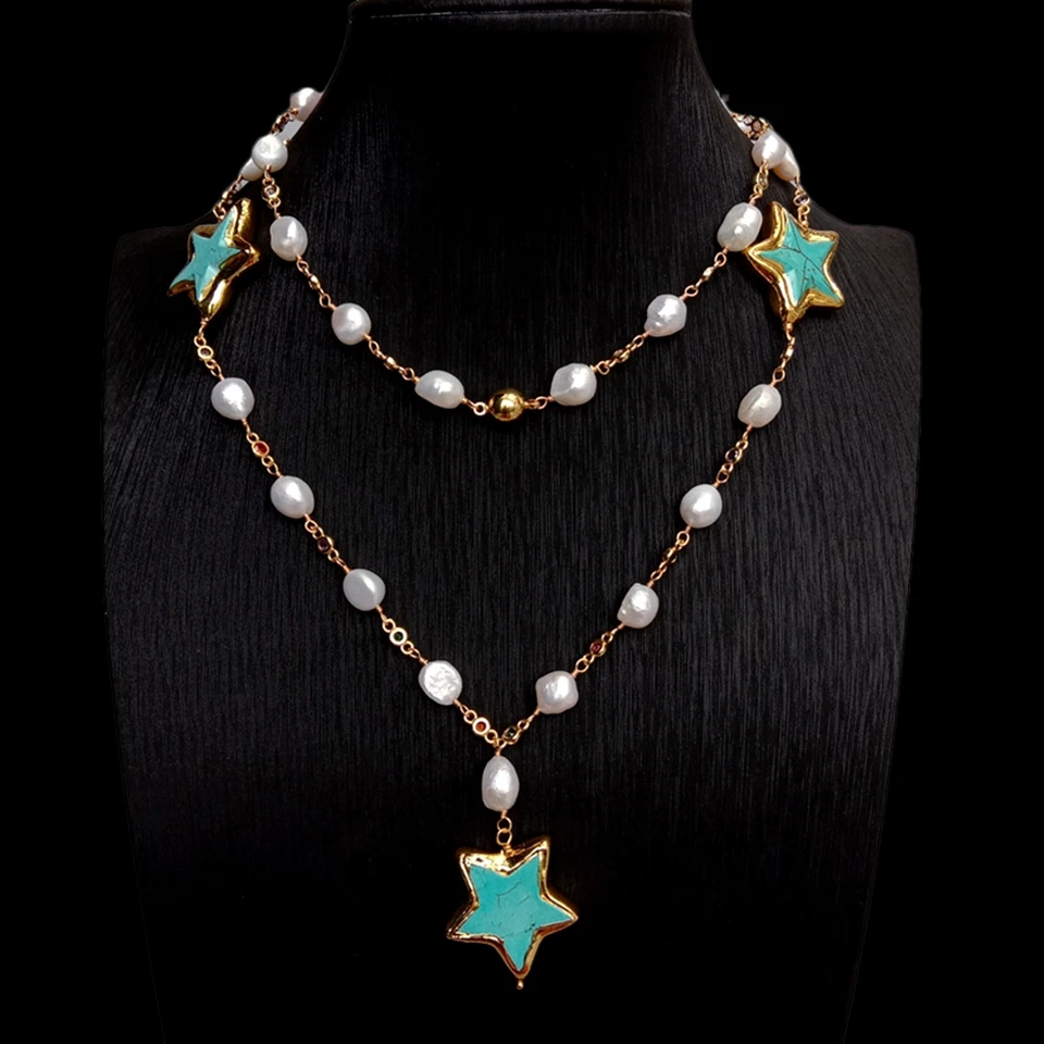 Collar Cadena Rosario Estación Estrella Turquesa Azul Perla Barroca Blanco Cultivado Foto 2 de 4