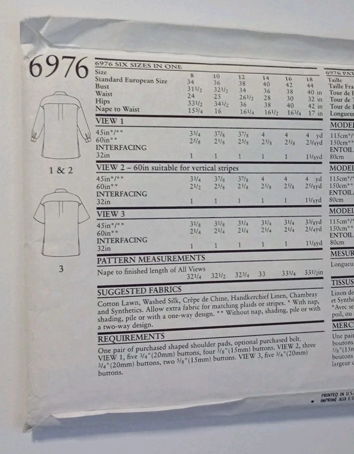 New Look 6976 Sewing Pattern Misses' Double Breasted Shirt/Blouse Sz 8-18 VTG UC - Image 3 of 3