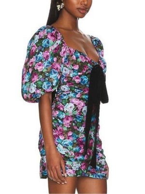 New! For Love And Lemons 80s Marley Puff Sleeves Roses Floral Mini Dress