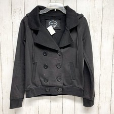 Love Tree Jacket Women Size Small Black Double Breasted Hooded Button Pea Coat