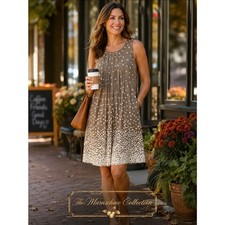 Perceptions New York Polka Dot Pleated Shift Dress Taupe White Size 16
