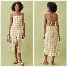 Reformation 10 Nia linen yellow gingham midi dress