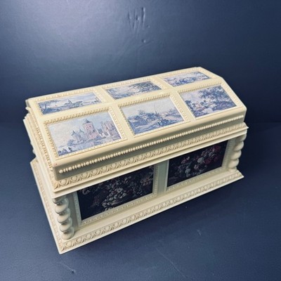 Vintage 1976 Merle Norman Musical Jewelry Box Cream Floral Landscape Scenic 70s