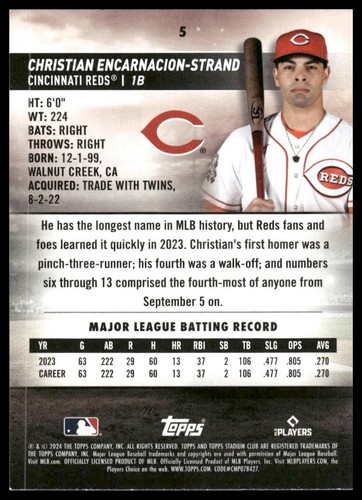 2024 Stadium Club #5 Christian Encarnacion-Strand Chrome Cincinnati Reds - Picture 2 of 2