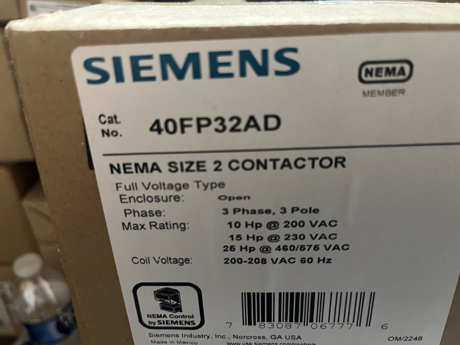 Siemens 40FP32AD NEMA Magnetic Contactor – Size 2 208V Coil 45A 3-P NEW IN BOX