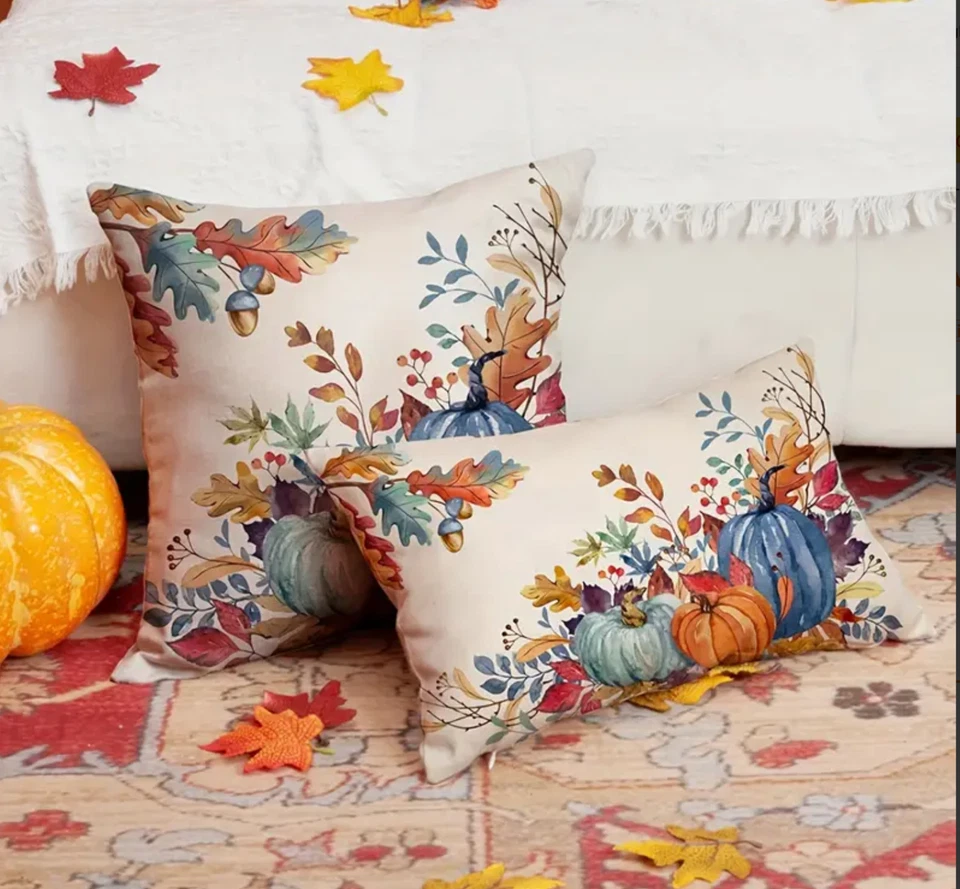 2pcs Rustic Autumn Pumpkin/Fall Leaves Pillow Covers-12x20in-Quality Linen Blend - Image 3 of 4