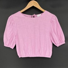 Women's Bohemian Puff Sleeve Crop Top XS Pink Tie Back Coquette Cottagecore